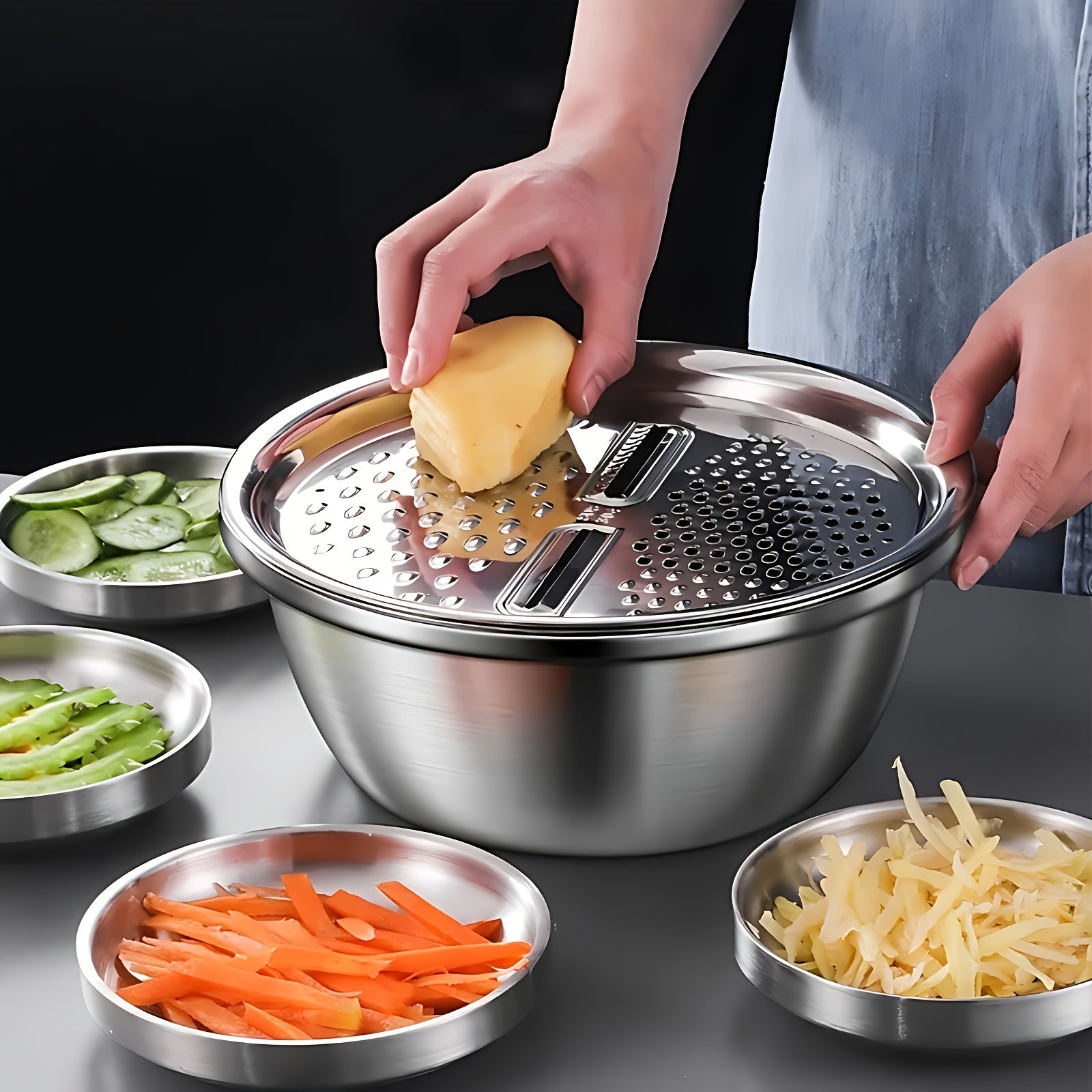3Pcs Stainless Steel Kitchen Set with Built-in Grinder & Drain Filter Bowl, Drainage Design Multi-Purpose Bowl for Wash Slice Fruit Veggie Cheese, Food Safe Home Cooking Kitchen Gadgets