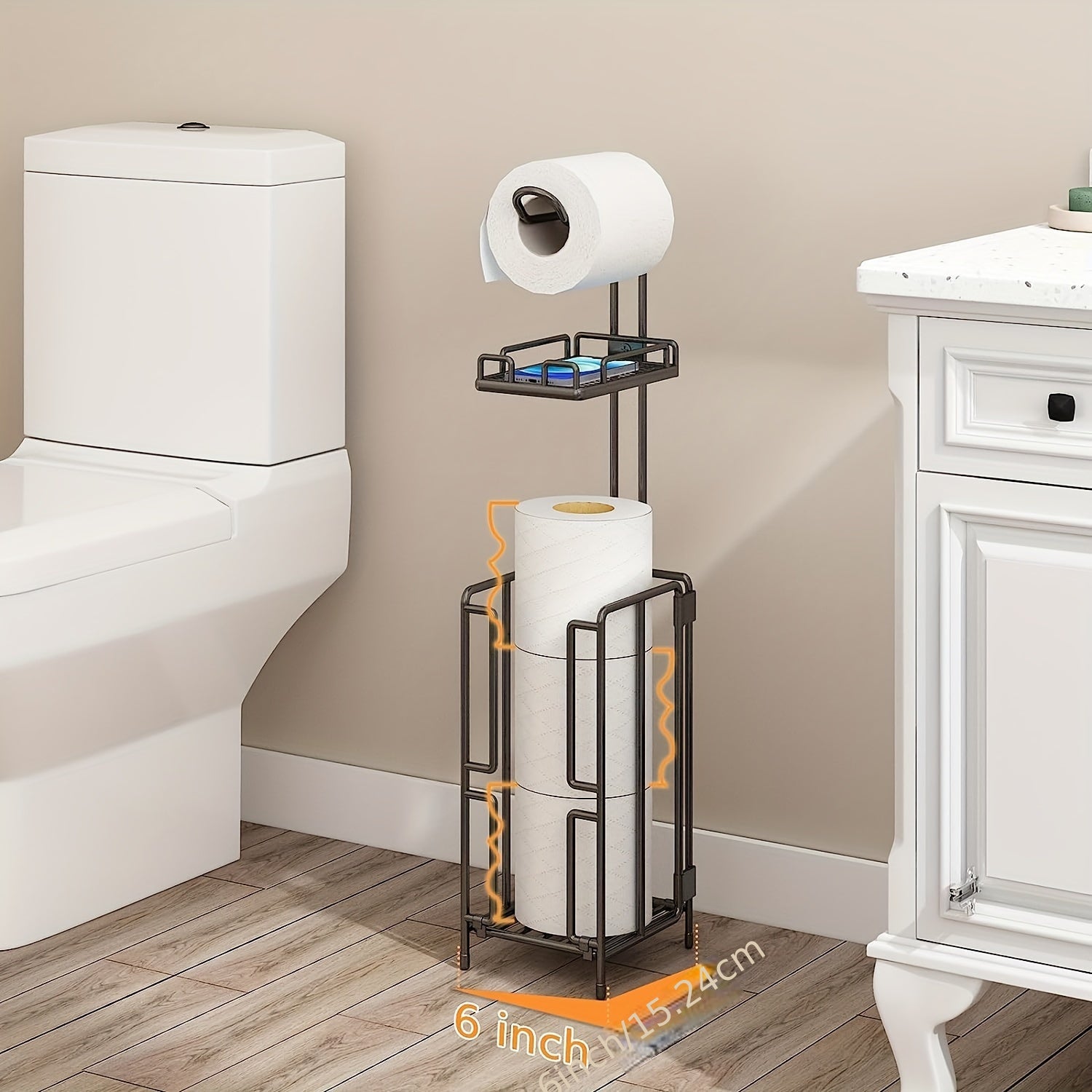 Freestanding Metal Toilet Paper Holder with Storage, Holds 1 Roll for Dispensing & 3 Extra Reserve Toilet Rolls, Space Saving Bathroom Accessory, Great Christmas Gift Idea