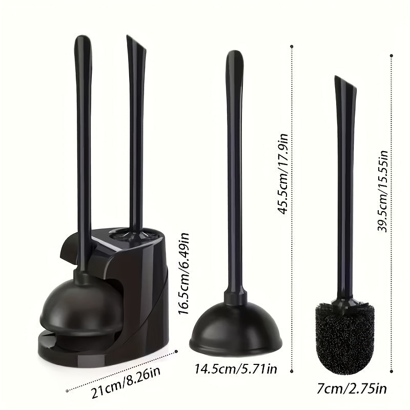 2-in-1 Toilet Plunger & Toilet Brush Set with Rotating Head, Freestanding Durable Black Plastic Bathroom Cleaning Tools, Space Saving Bathroom Toilet Accessory Kit
