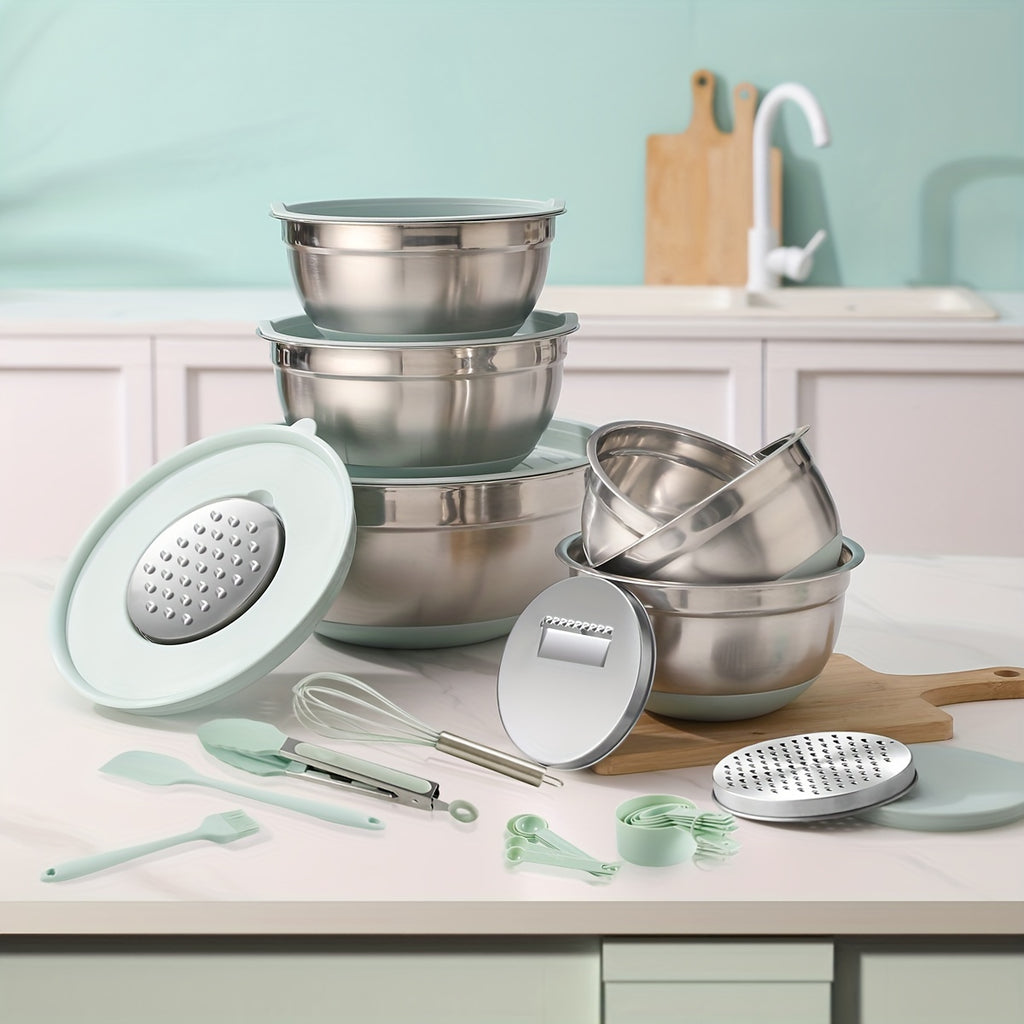 Non-Slip Sealed Lid Stainless Steel Nesting Bowls | Mint Green 10/15/29Pcs Kitchen Storage Prep Bowls