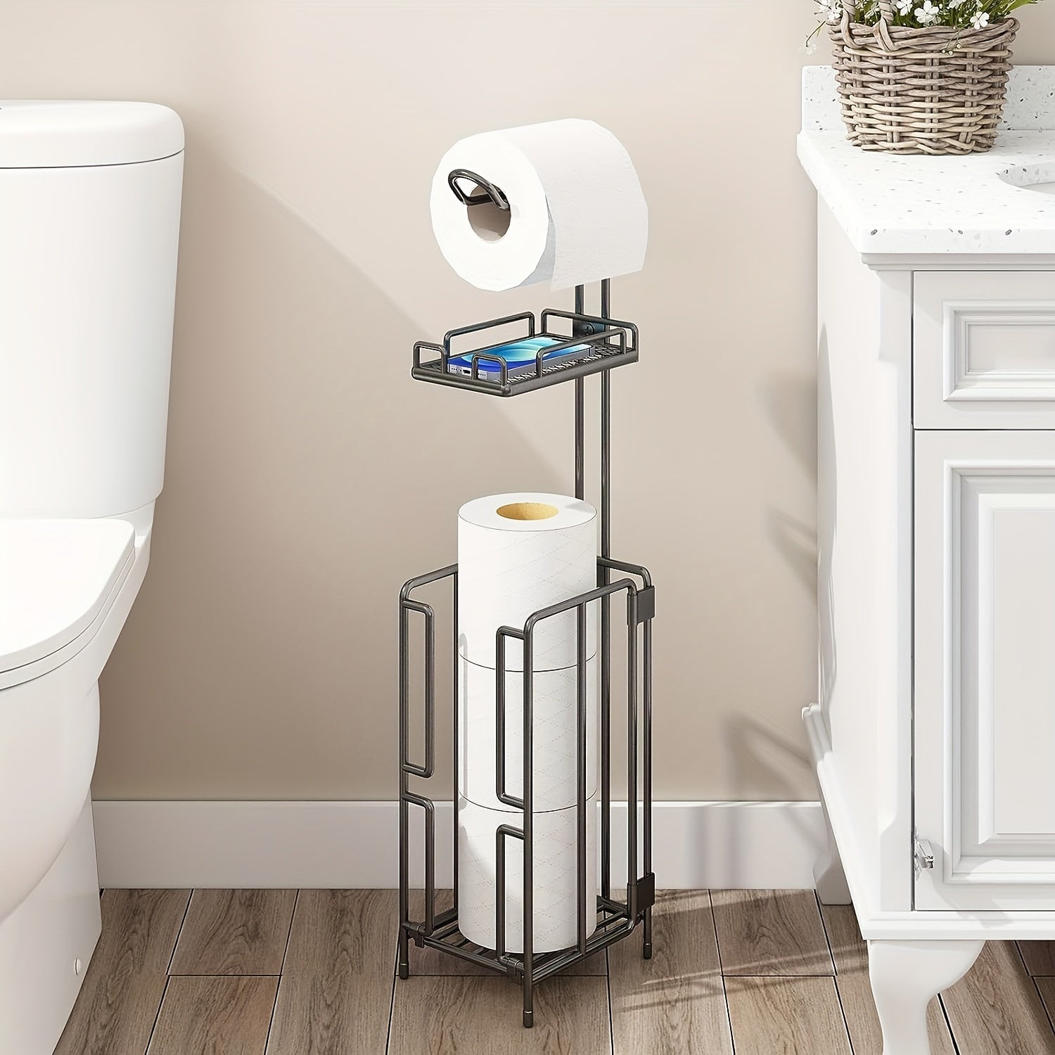 Freestanding Metal Toilet Paper Holder with Storage, Holds 1 Roll for Dispensing & 3 Extra Reserve Toilet Rolls, Space Saving Bathroom Accessory, Great Christmas Gift Idea