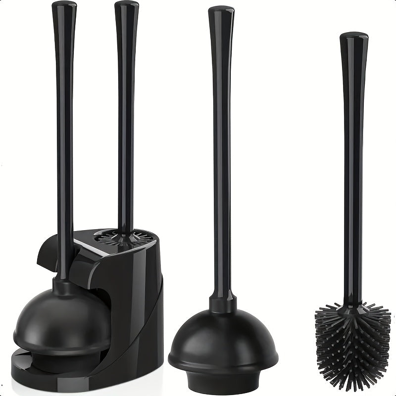 2-in-1 Toilet Plunger & Toilet Brush Set with Rotating Head, Freestanding Durable Black Plastic Bathroom Cleaning Tools, Space Saving Bathroom Toilet Accessory Kit