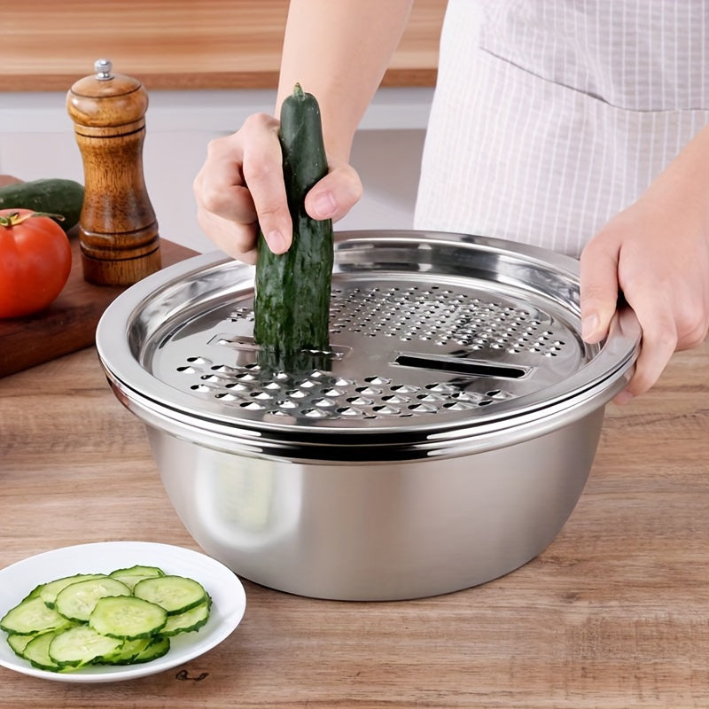 3Pcs Stainless Steel Kitchen Set with Built-in Grinder & Drain Filter Bowl, Drainage Design Multi-Purpose Bowl for Wash Slice Fruit Veggie Cheese, Food Safe Home Cooking Kitchen Gadgets