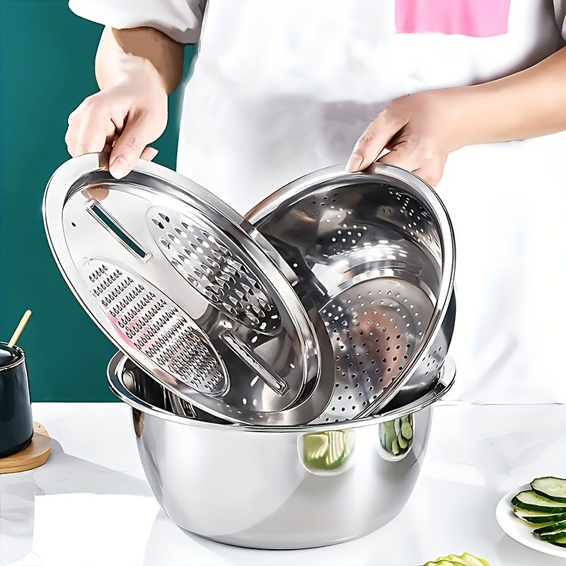 3Pcs Stainless Steel Kitchen Set with Built-in Grinder & Drain Filter Bowl, Drainage Design Multi-Purpose Bowl for Wash Slice Fruit Veggie Cheese, Food Safe Home Cooking Kitchen Gadgets