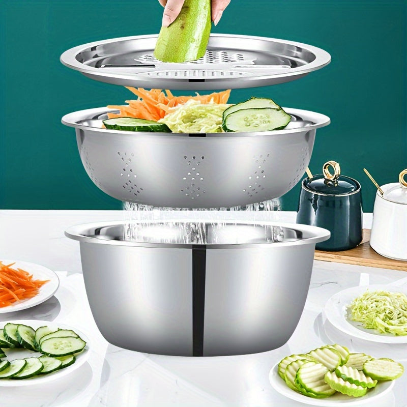 3Pcs Stainless Steel Kitchen Set with Built-in Grinder & Drain Filter Bowl, Drainage Design Multi-Purpose Bowl for Wash Slice Fruit Veggie Cheese, Food Safe Home Cooking Kitchen Gadgets