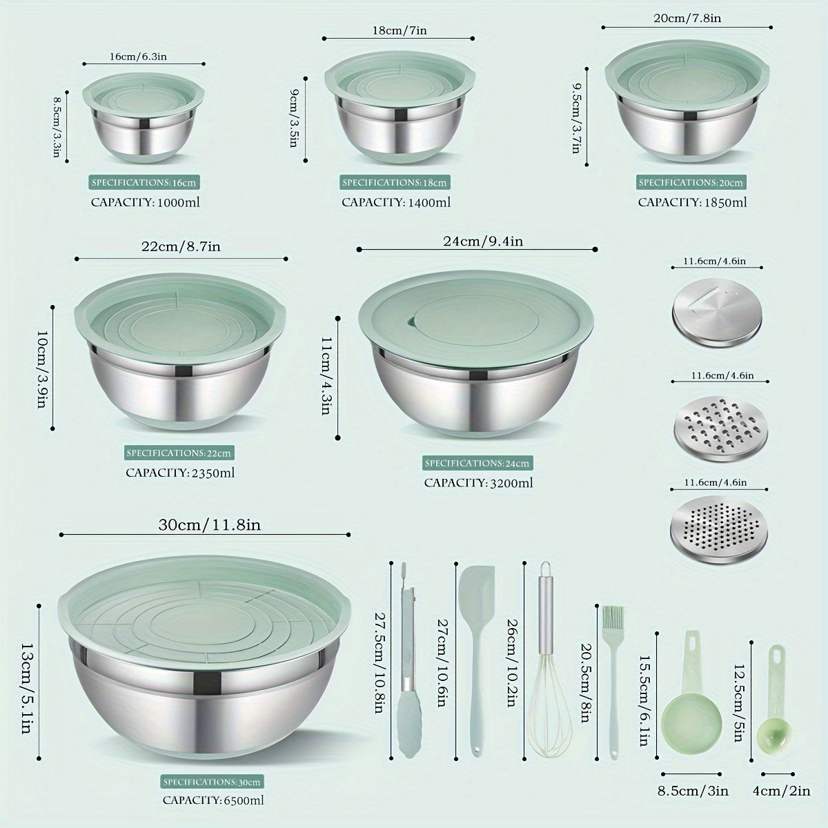 Non-Slip Sealed Lid Stainless Steel Nesting Bowls | Mint Green 10/15/29Pcs Kitchen Storage Prep Bowls