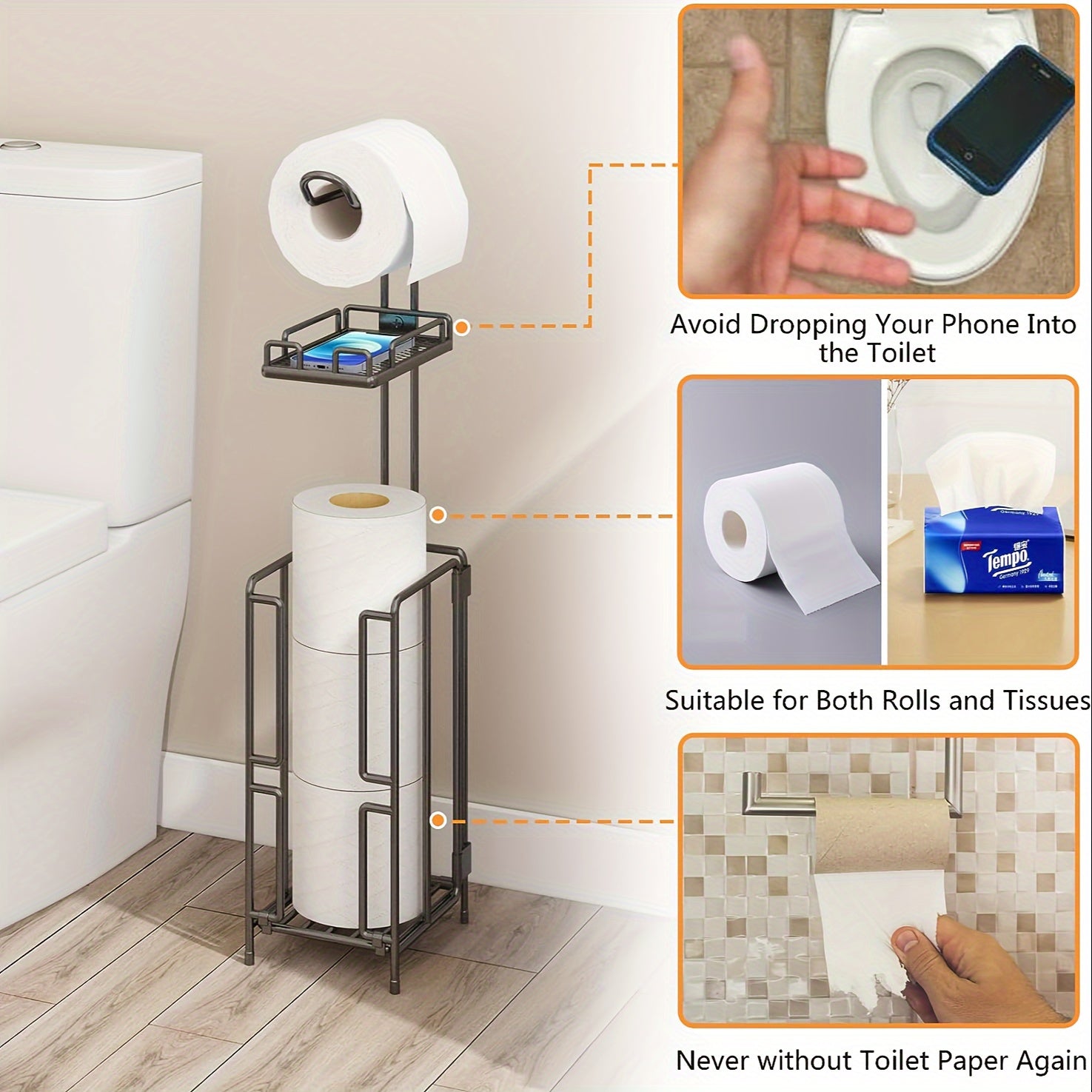 Freestanding Metal Toilet Paper Holder with Storage, Holds 1 Roll for Dispensing & 3 Extra Reserve Toilet Rolls, Space Saving Bathroom Accessory, Great Christmas Gift Idea