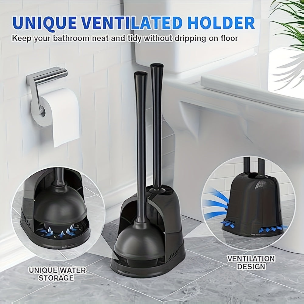 2-in-1 Toilet Plunger & Toilet Brush Set with Rotating Head, Freestanding Durable Black Plastic Bathroom Cleaning Tools, Space Saving Bathroom Toilet Accessory Kit