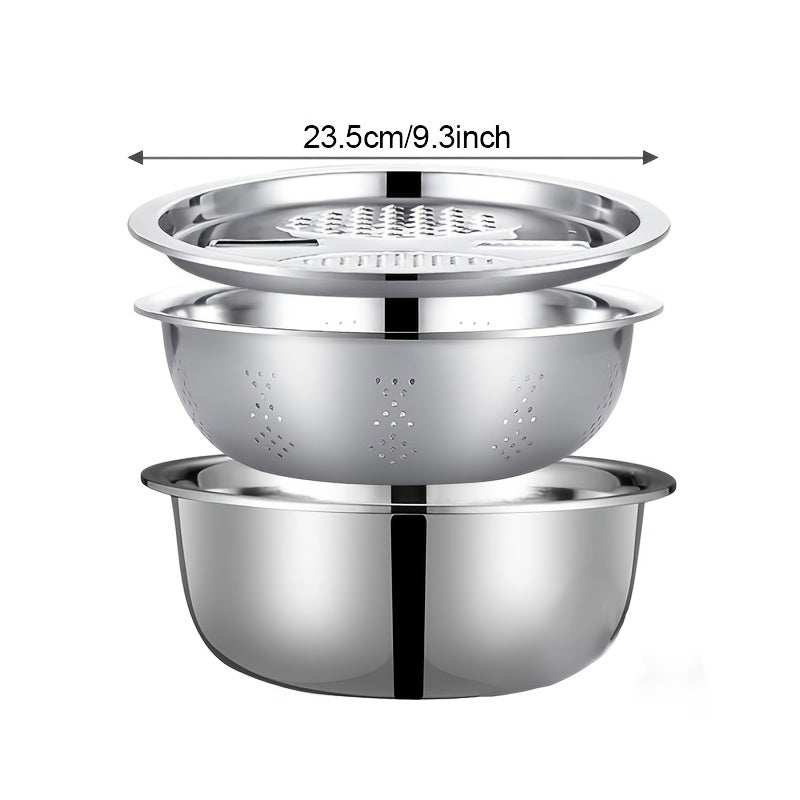 3Pcs Stainless Steel Kitchen Set with Built-in Grinder & Drain Filter Bowl, Drainage Design Multi-Purpose Bowl for Wash Slice Fruit Veggie Cheese, Food Safe Home Cooking Kitchen Gadgets