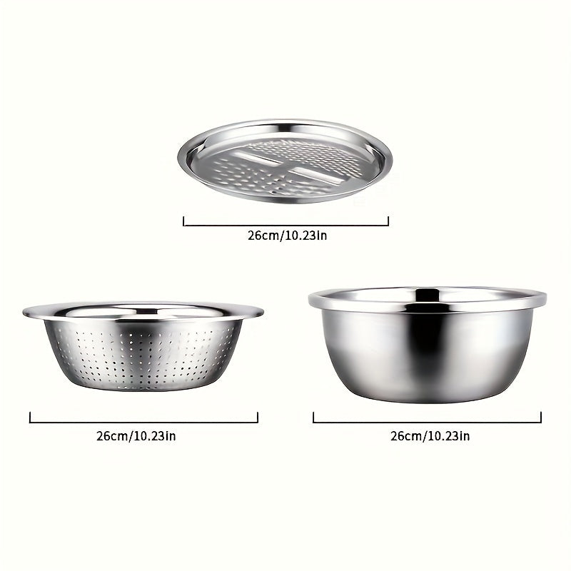 3Pcs Stainless Steel Kitchen Set with Built-in Grinder & Drain Filter Bowl, Drainage Design Multi-Purpose Bowl for Wash Slice Fruit Veggie Cheese, Food Safe Home Cooking Kitchen Gadgets