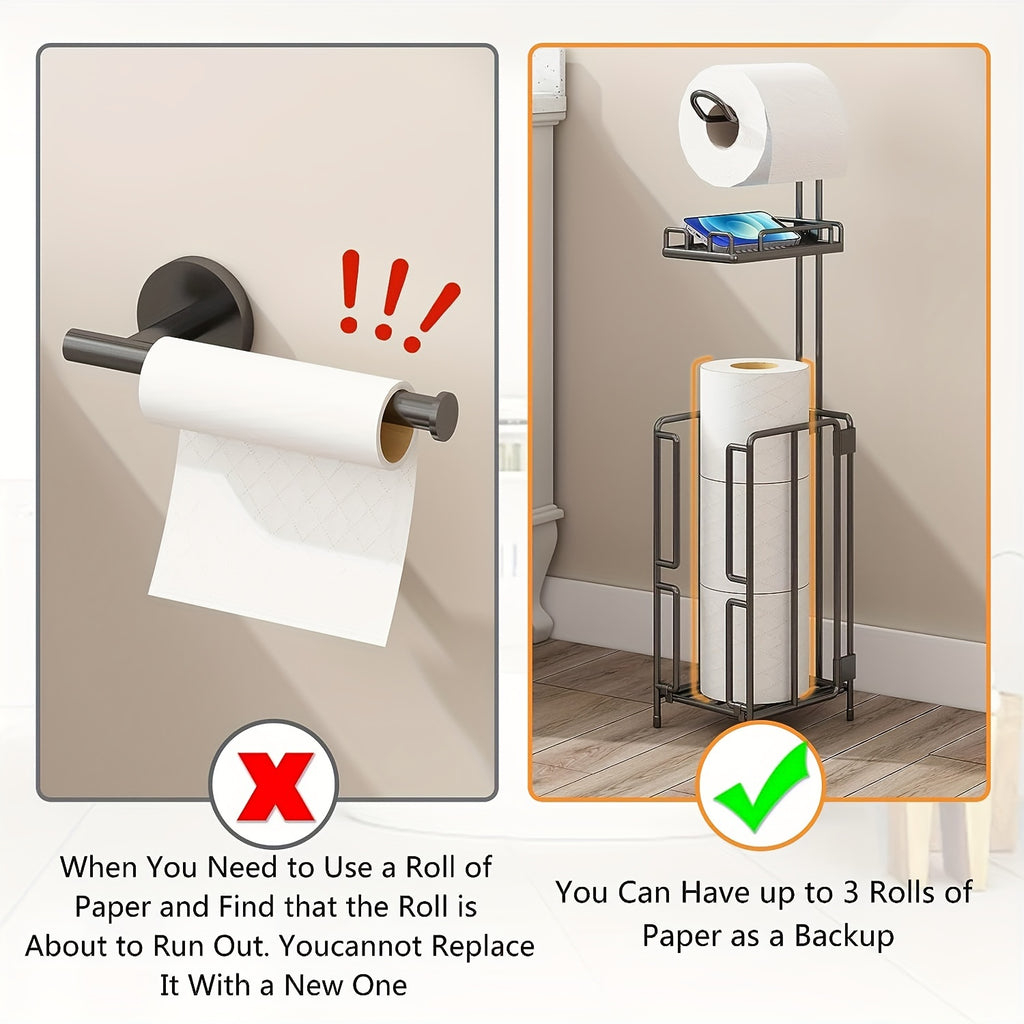 Freestanding Metal Toilet Paper Holder with Storage, Holds 1 Roll for Dispensing & 3 Extra Reserve Toilet Rolls, Space Saving Bathroom Accessory, Great Christmas Gift Idea