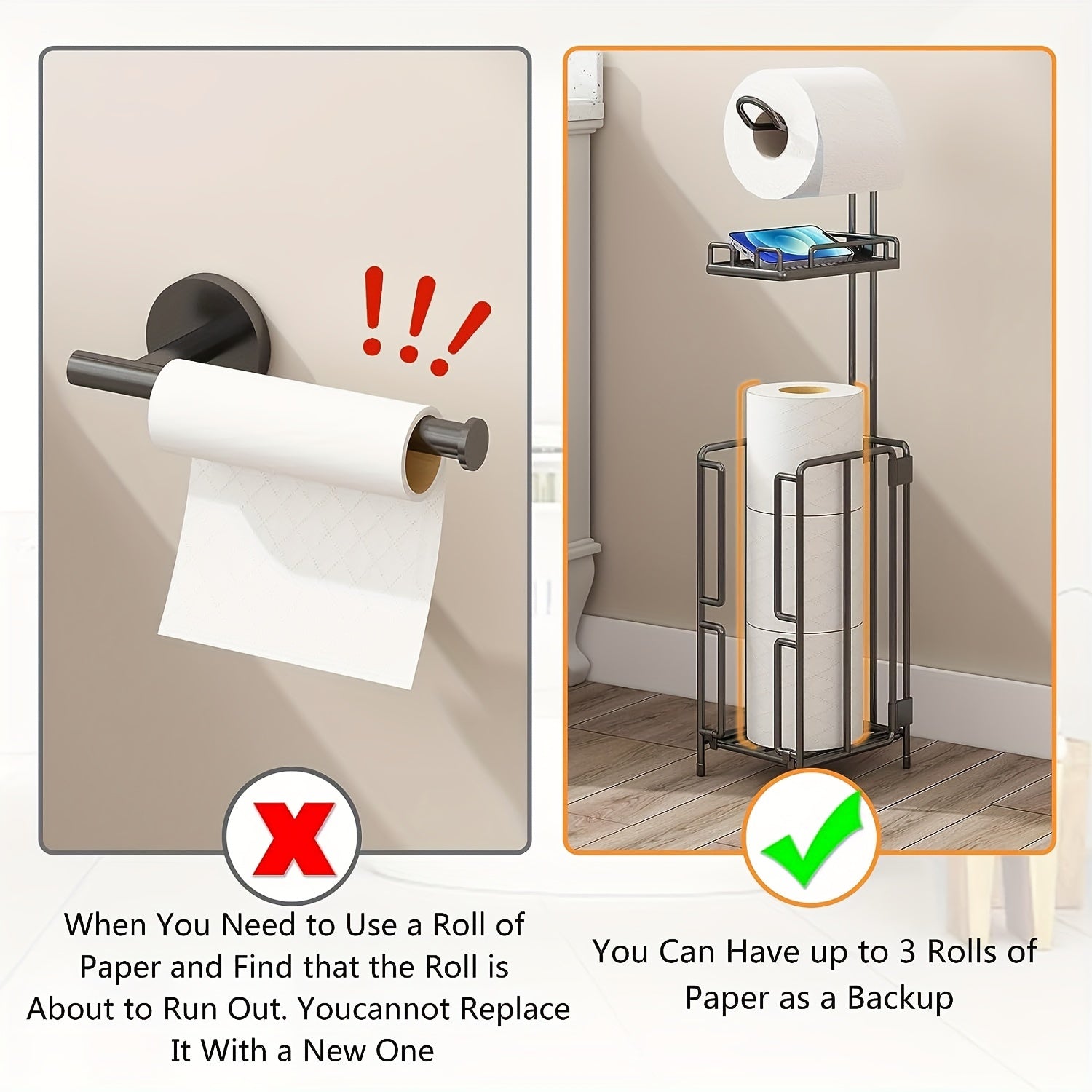 Freestanding Metal Toilet Paper Holder with Storage, Holds 1 Roll for Dispensing & 3 Extra Reserve Toilet Rolls, Space Saving Bathroom Accessory, Great Christmas Gift Idea