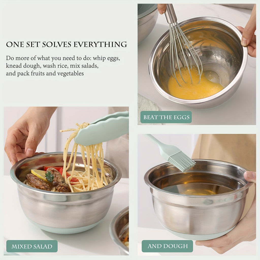 Non-Slip Sealed Lid Stainless Steel Nesting Bowls | Mint Green 10/15/29Pcs Kitchen Storage Prep Bowls