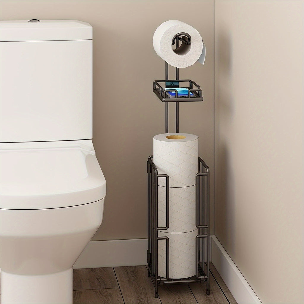Freestanding Metal Toilet Paper Holder with Storage, Holds 1 Roll for Dispensing & 3 Extra Reserve Toilet Rolls, Space Saving Bathroom Accessory, Great Christmas Gift Idea