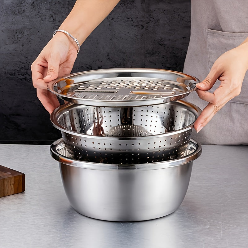 3Pcs Stainless Steel Kitchen Set with Built-in Grinder & Drain Filter Bowl, Drainage Design Multi-Purpose Bowl for Wash Slice Fruit Veggie Cheese, Food Safe Home Cooking Kitchen Gadgets