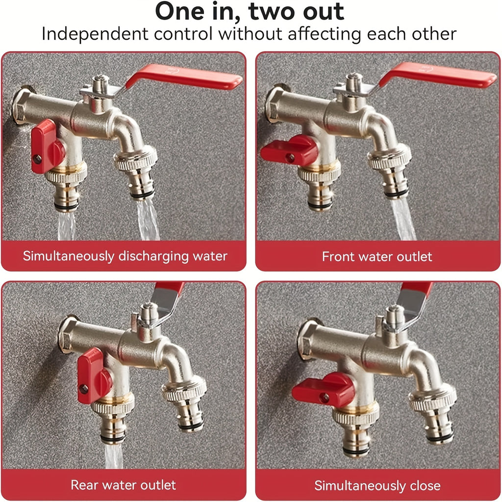 With Convenient Hang Hook for Hose Storage, Rustic Style 304 Stainless Steel Dual Outlet Garden Tap, Single Hole Installation Water Faucet Fit All Standard Sprinklers and Hose Guns