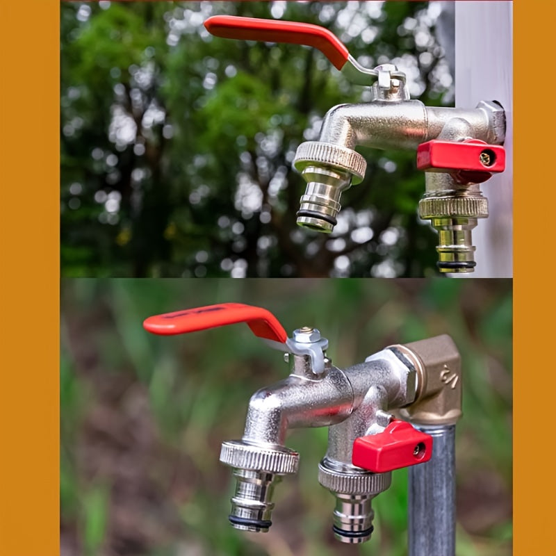 With Convenient Hang Hook for Hose Storage, Rustic Style 304 Stainless Steel Dual Outlet Garden Tap, Single Hole Installation Water Faucet Fit All Standard Sprinklers and Hose Guns