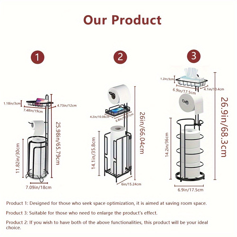 Freestanding Metal Toilet Paper Holder with Storage, Holds 1 Roll for Dispensing & 3 Extra Reserve Toilet Rolls, Space Saving Bathroom Accessory, Great Christmas Gift Idea