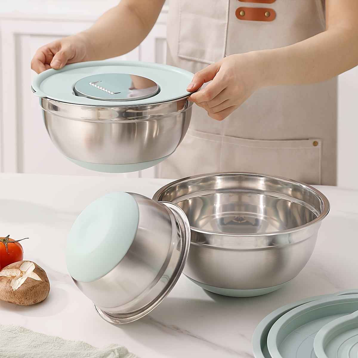 Non-Slip Sealed Lid Stainless Steel Nesting Bowls | Mint Green 10/15/29Pcs Kitchen Storage Prep Bowls