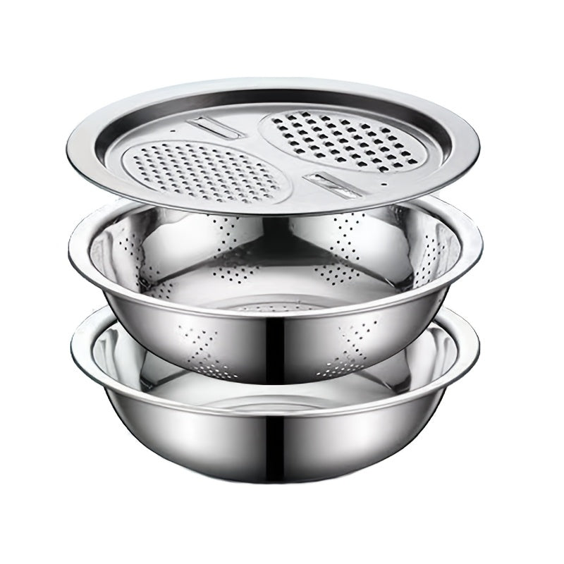 3Pcs Stainless Steel Kitchen Set with Built-in Grinder & Drain Filter Bowl, Drainage Design Multi-Purpose Bowl for Wash Slice Fruit Veggie Cheese, Food Safe Home Cooking Kitchen Gadgets