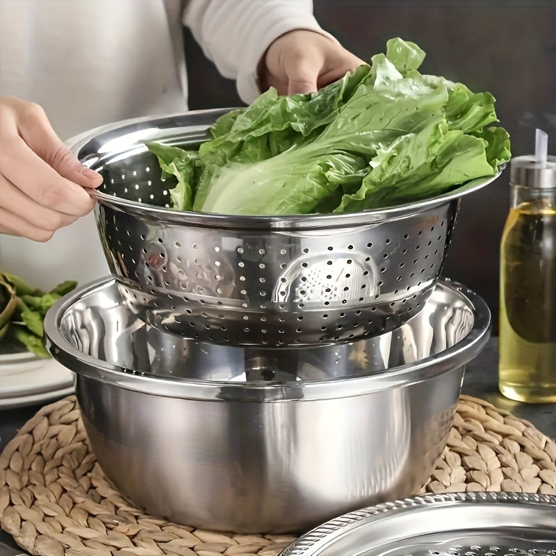 3Pcs Stainless Steel Kitchen Set with Built-in Grinder & Drain Filter Bowl, Drainage Design Multi-Purpose Bowl for Wash Slice Fruit Veggie Cheese, Food Safe Home Cooking Kitchen Gadgets