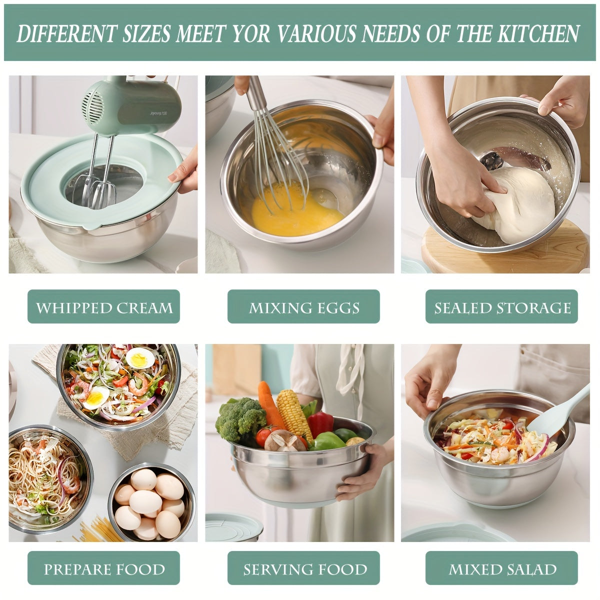 Non-Slip Sealed Lid Stainless Steel Nesting Bowls | Mint Green 10/15/29Pcs Kitchen Storage Prep Bowls