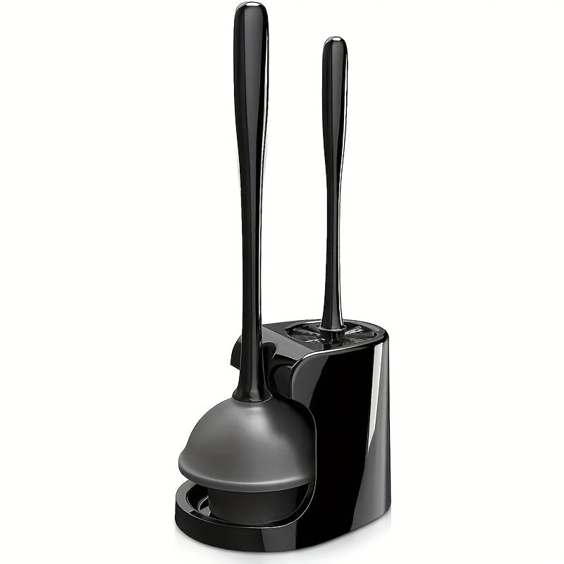 2-in-1 Toilet Plunger & Toilet Brush Set with Rotating Head, Freestanding Durable Black Plastic Bathroom Cleaning Tools, Space Saving Bathroom Toilet Accessory Kit