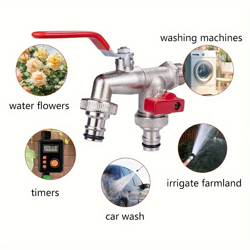 With Convenient Hang Hook for Hose Storage, Rustic Style 304 Stainless Steel Dual Outlet Garden Tap, Single Hole Installation Water Faucet Fit All Standard Sprinklers and Hose Guns