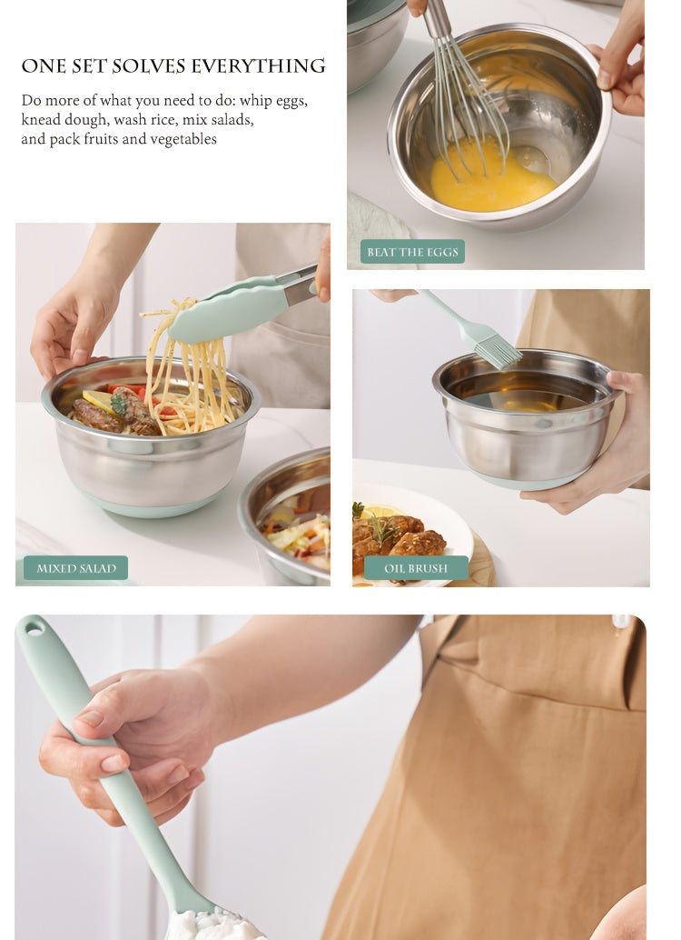 Non-Slip Sealed Lid Stainless Steel Nesting Bowls | Mint Green 10/15/29Pcs Kitchen Storage Prep Bowls