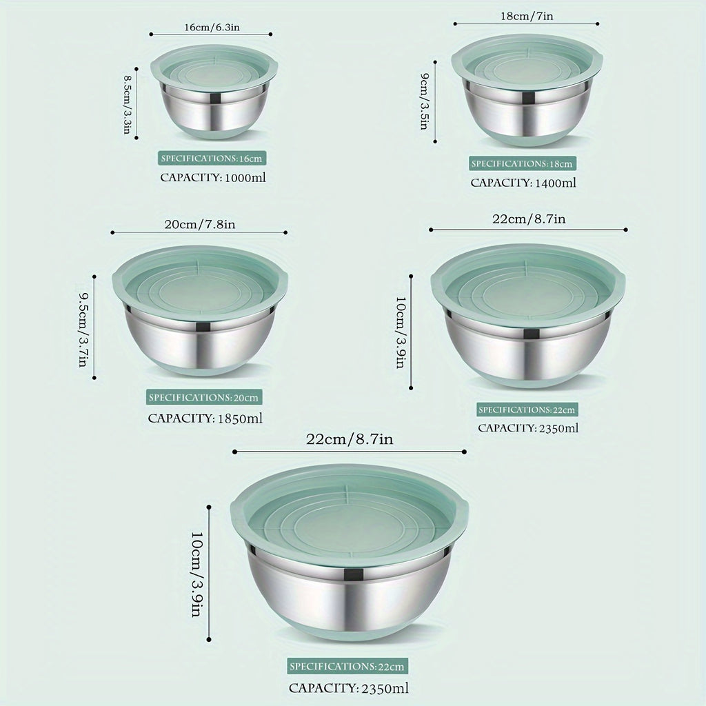 Non-Slip Sealed Lid Stainless Steel Nesting Bowls | Mint Green 10/15/29Pcs Kitchen Storage Prep Bowls