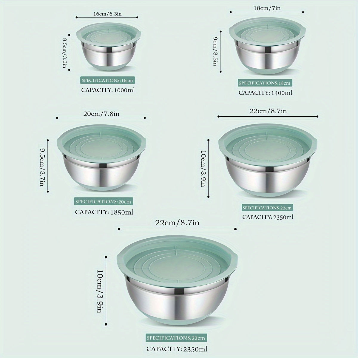 Non-Slip Sealed Lid Stainless Steel Nesting Bowls | Mint Green 10/15/29Pcs Kitchen Storage Prep Bowls