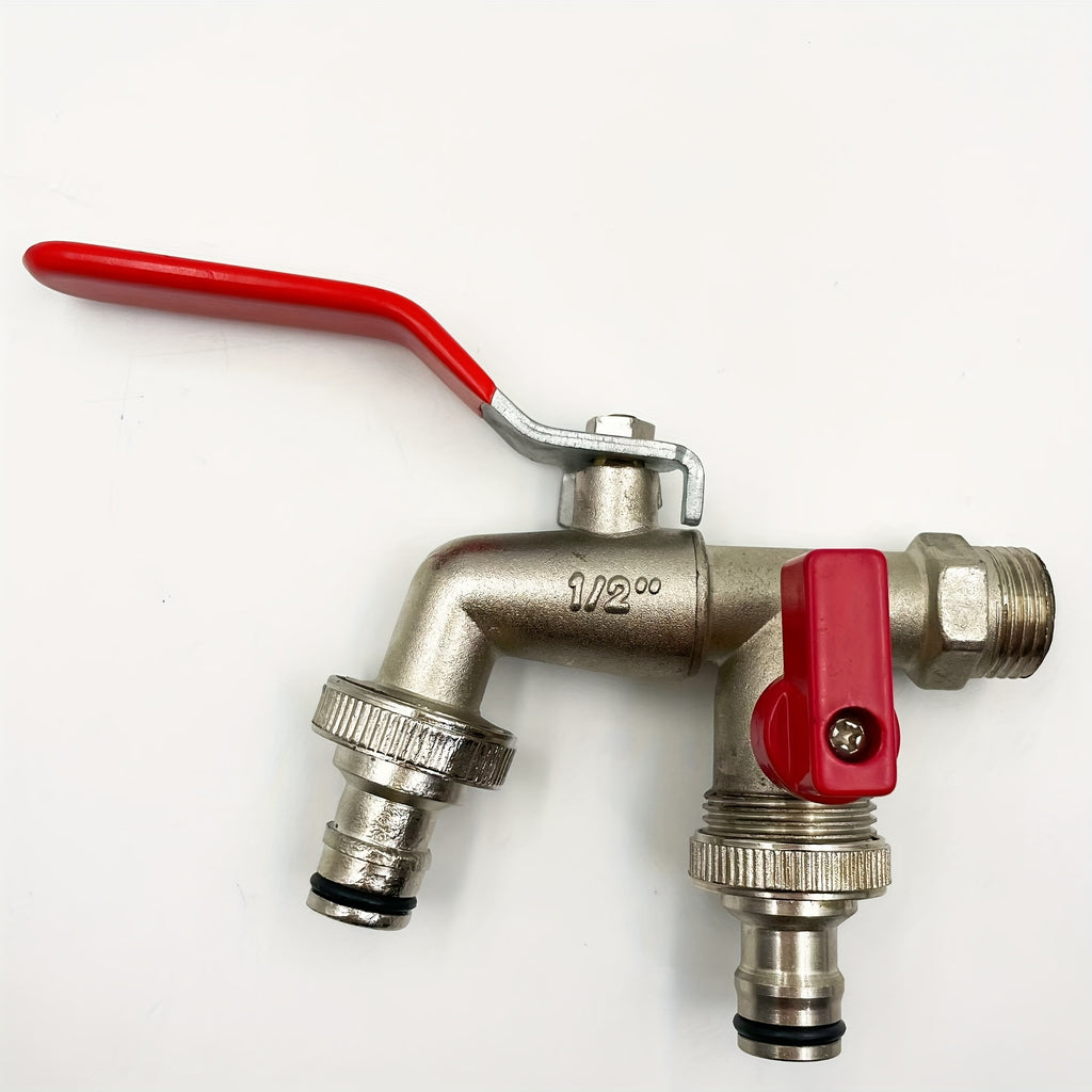 With Convenient Hang Hook for Hose Storage, Rustic Style 304 Stainless Steel Dual Outlet Garden Tap, Single Hole Installation Water Faucet Fit All Standard Sprinklers and Hose Guns