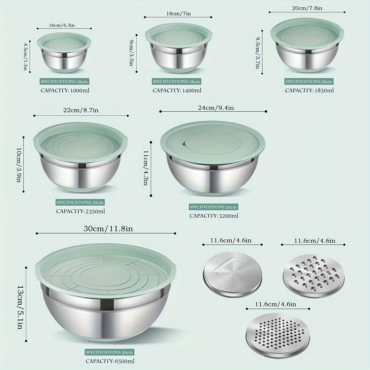 Non-Slip Sealed Lid Stainless Steel Nesting Bowls | Mint Green 10/15/29Pcs Kitchen Storage Prep Bowls