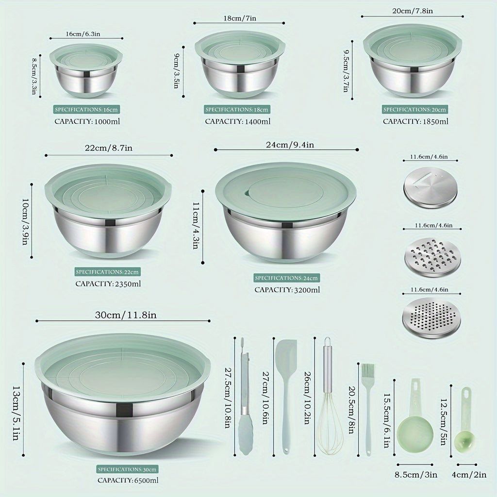 Non-Slip Sealed Lid Stainless Steel Nesting Bowls | Mint Green 10/15/29Pcs Kitchen Storage Prep Bowls