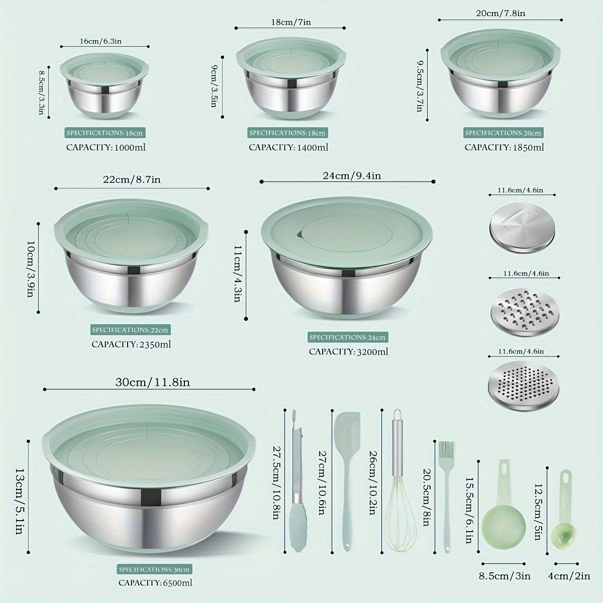 Non-Slip Sealed Lid Stainless Steel Nesting Bowls | Mint Green 10/15/29Pcs Kitchen Storage Prep Bowls