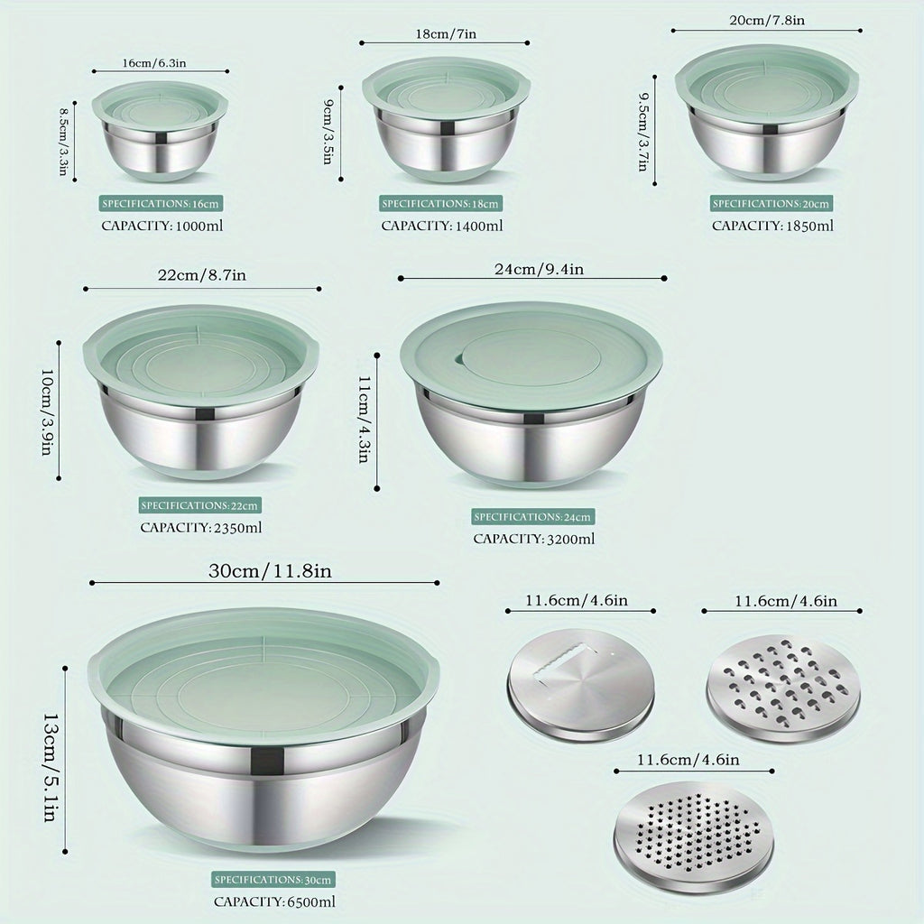 Non-Slip Sealed Lid Stainless Steel Nesting Bowls | Mint Green 10/15/29Pcs Kitchen Storage Prep Bowls