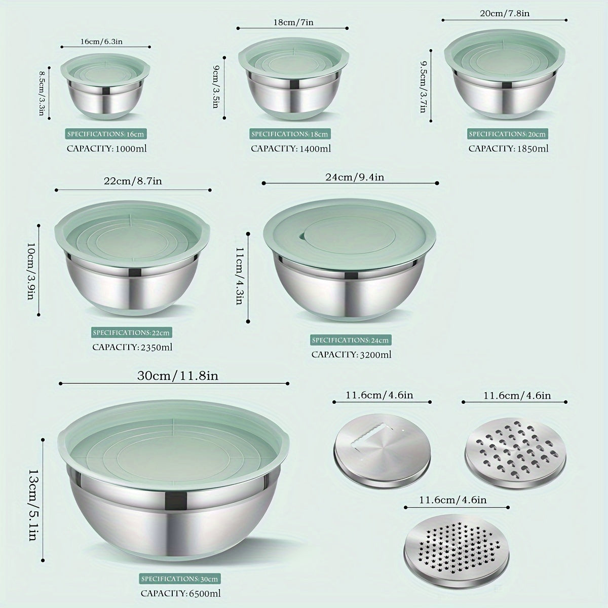 Non-Slip Sealed Lid Stainless Steel Nesting Bowls | Mint Green 10/15/29Pcs Kitchen Storage Prep Bowls