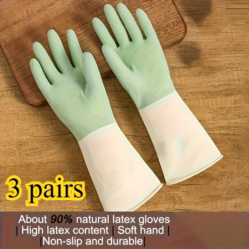 Thick Non-Slip 3Pairs Kitchen Gloves | Beige & Mint Green Ergonomic Cleaning Gloves for Dishwashing