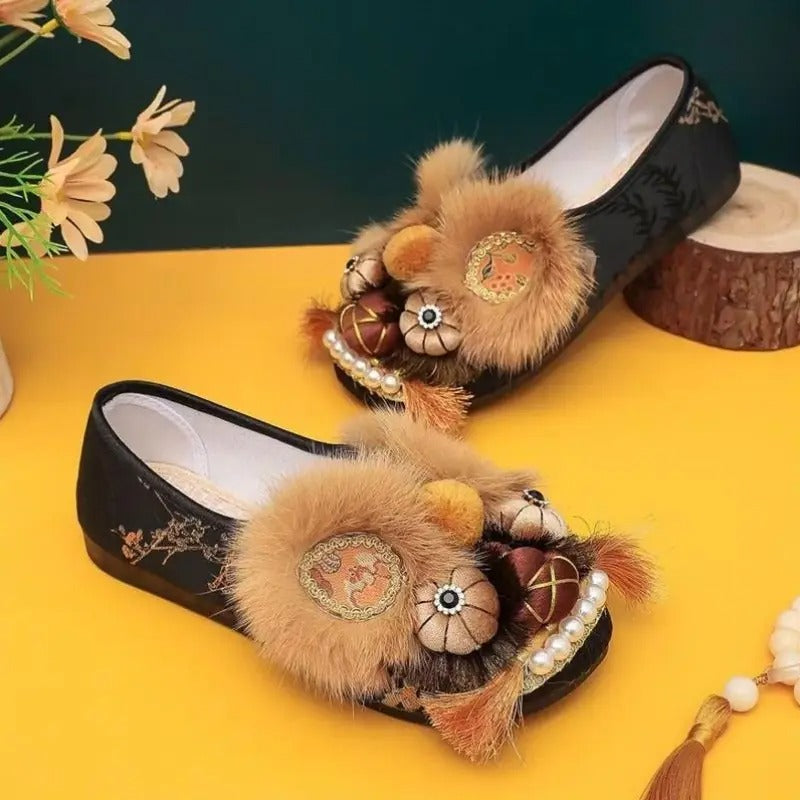 Women'S Chinese Tiger Head Shoes - Slip-On Flats with Soft Sole, Genuine Faux Leather Upper & Breathable Fabric Lining - Vintage Cultural Footwear for Everyday Formal Events - Easy Slip-On Closure - Winter Season Footwear, Ladies Shoes, 